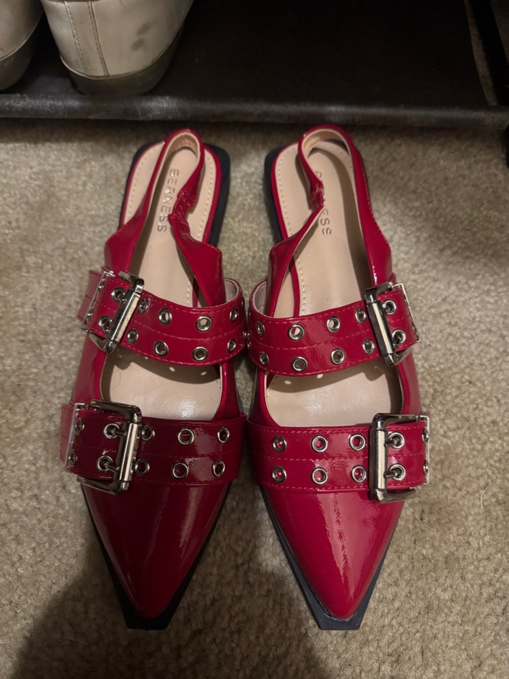 Red Patent Pointed Buckle Slingback Mules